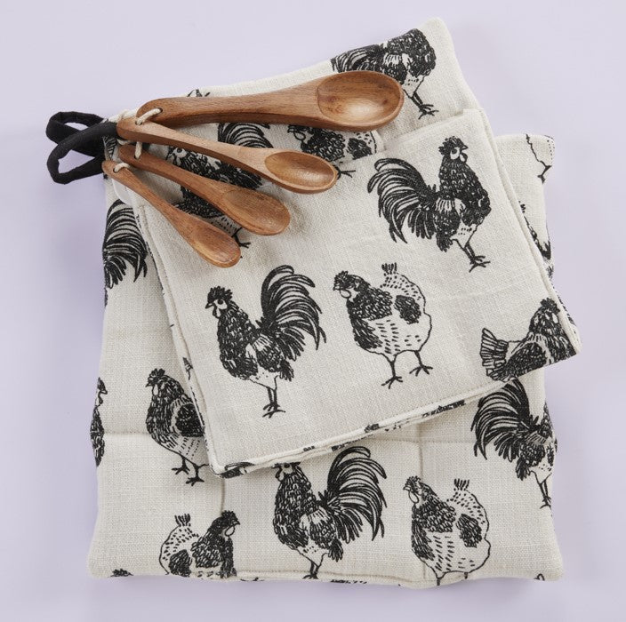 2 Pot Holder with 4 Spice Spoons Set - Premium Cotton Printed Rooster - 100% cotton - Ivory / Black